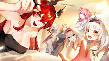 6+girls :d absurdres ahoge alternate_costume antenna_hair armpits bare_shoulders beret black_camisole black_cape black_dress black_hairband black_ribbon blonde_hair blue_eyes blush braid breasts brown_pantyhose camisole cape casual cleavage closed_mouth collarbone commentary covering_own_mouth cross cross_facial_mark cross_necklace crossed_arms dorothy_(nikke) dress english_commentary facial_mark fang flower-shaped_hair frilled_dress frilled_sleeves frills gloves goddess_(nikke) goddess_of_victory:_nikke grey_dress grey_hair grey_ribbon grey_sweater hair_between_eyes hair_bun hair_flaps hair_intakes hairband haneul_(csky) hat heart heart-shaped_pupils highres holding holding_marker horns indoors jewelry large_breasts liliweiss_(nikke) long_braid long_hair long_sleeves looking_at_viewer marker mechanical_horns multicolored_hair multiple_girls necklace open_mouth pantyhose pink_hair pov pov_hands purple_eyes rapunzel_(nikke) rapunzel_(pure_grace)_(nikke) red_eyes red_hair red_hairband red_hood_(nikke) ribbon scarlet_(black_shadow)_(nikke) scarlet_(nikke) shirt short_hair short_sleeves sidelocks single_side_bun sleeveless sleeveless_dress smile snow_white_(innocent_days)_(nikke) snow_white_(nikke) standing sweat sweater symbol-shaped_pupils tears teeth upper_teeth_only very_long_hair white_dress white_gloves white_hair white_shirt yellow_eyes