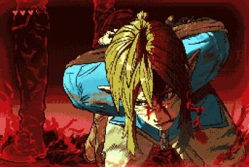Rule 34 | 1boy, 1other, angry, arms behind back, blonde hair, blood, blood on face, blood on mouth, blue eyes, blue shirt, boots, brown boots, brown pants, chain, champion's tunic (zelda), closed mouth, commentary request, contrast, dirty, dirty clothes, dithering, fire, frown, hair between eyes, half-closed eye, heart, highres, kneeling, link, looking to the side, male focus, nintendo, on ground, oshio 0809, pants, pixel art, pointy ears, ponytail, red background, restrained, shirt, short ponytail, sidelocks, solo focus, stepped on, steppee focus, the legend of zelda, the legend of zelda: breath of the wild, v-shaped eyebrows