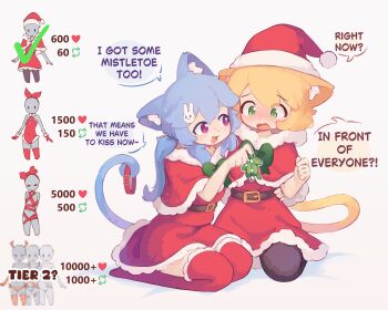 2girls absurdres animal_ear_fluff animal_ears belt black_pantyhose blonde_hair blue_hair capelet cat_ears cat_girl cat_tail character_request christmas collar commentary dress english_commentary english_text face-to-face fur_trim green_eyes hat highres kanbaki kanbaki&#039;s_orange-haired_catgirl like_and_retweet long_hair multiple_girls open_mouth original pantyhose ponytail purple_eyes red_capelet red_dress red_hat red_thighhighs santa_hat short_hair sitting smile tail thighhighs twitter_strip_game