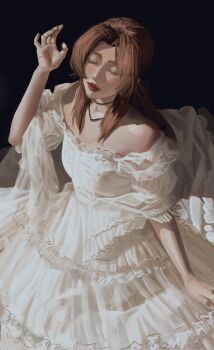 Rule 34 | 1girl, aerith gainsborough, alternate costume, bare shoulders, black background, breasts, brown hair, closed eyes, commentary, dress, english commentary, final fantasy, final fantasy vii, from above, highres, jeseni, long dress, long hair, medium breasts, off-shoulder dress, off shoulder, parted bangs, puffy short sleeves, puffy sleeves, short sleeves, sidelocks, solo, upper body, white dress