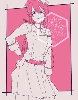 Rule 34 | 1girl, bambietta basterbine, bleach, bleach: sennen kessen-hen, border, breasts, brooch, commentary, gloves, hair between eyes, hat, heart, heart belt, heart brooch, highres, jacket, jewelry, large breasts, long hair, long sleeves, looking at viewer, military, military hat, military uniform, miniskirt, monochrome, peaked cap, pink background, pink theme, pleated skirt, pometa 8k, signature, skirt, solo, wandenreich uniform, watermark, white border, white gloves, white hat, white jacket, white skirt