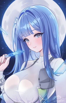 1girl arcana_(nikke) blue_eyes blue_hair breasts card cleavage commentary dress english_commentary goddess_of_victory:_nikke highres large_breasts moon nekoponart night nightgown see-through_cleavage see-through_clothes silver_nails solo tarot tarot_card tight_clothes tight_dress upper_body white_nightgown
