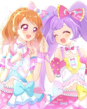 2girls :d ^_^ absurdres ahoge aikatsu! aikatsu!_(series) aikatsu!_x_pripara_the_movie_-deai_no_kiseki!- blue_bow bow closed_eyes commentary_request hair_bow hand_on_another&#039;s_hand hands_up highres layered_skirt long_hair looking_at_another manaka_laala midriff multiple_girls open_mouth orange_hair ozora_akari palms_together pink_bow pink_eyes pink_shirt pretty_series pripara purple_hair shirt skirt sleeveless sleeveless_shirt smile standing sugimura_mickey twintails white_background white_shirt wrist_cuffs yellow_bow