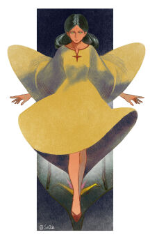 1girl absurdres artist_name bindi black_hair commentary_request dark-skinned_female dark_skin double_bun dress full_body green_eyes gundam hair_bun highres lalah_sune long_sleeves mobile_suit_gundam shoes short_hair sio2_(whynotkarma) solo standing yellow_dress