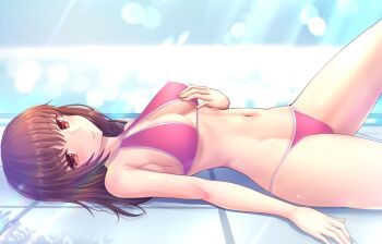 1girl bikini blurry blurry_background blush breasts brown_hair closed_mouth commentary_request future_gpx_cyber_formula hand_on_own_chest long_hair looking_at_viewer lying medium_breasts on_back pink_bikini pool ryu-akt solo sugou_asuka swimsuit tile_floor tiles water