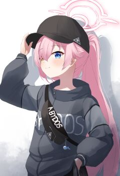 1girl :3 absurdres abydos_high_school_logo alternate_costume alternate_hairstyle arm_up baseball_cap black_hat blue_archive blue_eyes blush casual closed_mouth commentary cowboy_shot drop_shadow eyelashes grey_jacket hair_between_eyes halo hand_in_pocket hand_on_headwear hat heterochromia highres hoshino_(blue_archive) jacket long_hair long_sleeves looking_at_viewer pink_halo ponytail puffy_long_sleeves puffy_sleeves sidelocks simple_background smile solo very_long_hair white_background yellow_eyes yoowaru zipper