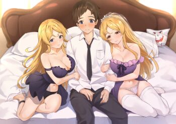 1boy 2girls absurdres b1ack_illust bare_shoulders black_necktie black_panties blonde_hair blue_eyes blush breast_press breasts brown_eyes cleavage collarbone commission dress dress_shirt father_and_daughter girl_sandwich grabbing_another&#039;s_arm high_heels highres husband_and_wife idolmaster idolmaster_million_live! idolmaster_million_live!_theater_days large_breasts long_hair loose_necktie multiple_girls necktie on_bed panties pixiv_commission purple_dress sandwiched shinomiya_karen shinomiya_karen&#039;s_father shinomiya_karen&#039;s_mother shirt shoes sitting sweatdrop thighhighs underwear very_long_hair white_panties white_shirt white_shoes white_thighhighs