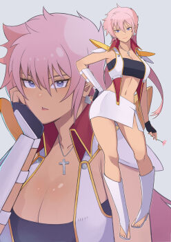 Rule 34 | 1girl, armor, blue eyes, breasts, cleavage, clenched teeth, closed mouth, commentary request, crop top, cross, cross necklace, dark-skinned female, dark skin, detached sleeves, fingerless gloves, full body, gloves, gundam, gundam zz, head rest, highres, illia pazom, jacket, jewelry, konishiki (52siki), large breasts, long hair, midriff, necklace, neo zeon, parted lips, pink hair, shoulder armor, solo, tan, teeth