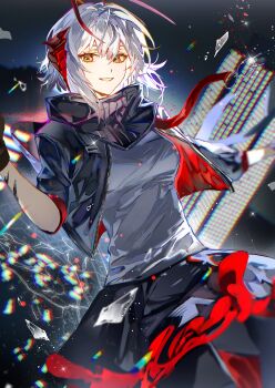 1girl absurdres ahoge arknights black_coat building city_lights coat demon_girl demon_horns glass_shards hair_between_eyes hashtag-only_commentary highres horns night open_clothes open_coat pleated_skirt short-sleeved_coat short_coat short_hair skirt skyscraper smile solo w_(arknights) watanabe_kawa white_hair yellow_eyes