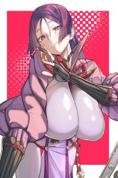 1girl arm_guards arm_up bent_over bodysuit breasts chest_ribbon closed_mouth commentary_request cowboy_shot fate/grand_order fate_(series) fingerless_gloves gloves hanging_breasts head_tilt highres huge_breasts long_hair long_sleeves looking_at_viewer minamoto_no_raikou_(fate) outside_border puffy_sleeves purple_bodysuit purple_eyes purple_hair rancha06743732 rope smile solo