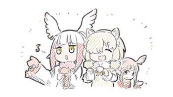 3girls :d ^_^ alpaca_ears alpaca_suri_(kemono_friends) animal_ear_fluff animal_ears appleq brown_hair brown_sweater closed_eyes closed_mouth coffee_pot commentary_request cropped_torso cup frilled_sleeves frills fur-trimmed_sleeves fur_collar fur_trim gloves hair_over_one_eye head_wings highres holding holding_cup japanese_crested_ibis_(kemono_friends) kemono_friends long_sleeves multicolored_hair multiple_girls music open_mouth pink_hair pink_wings red_gloves red_hair red_shirt scarlet_ibis_(kemono_friends) shirt simple_background singing smile sweater two-tone_hair upper_body white_background white_hair white_shirt white_wings wings yellow_eyes