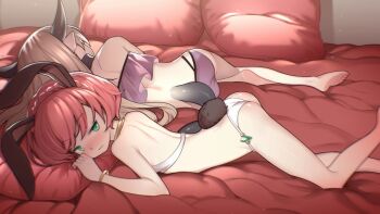 2girls animal_ears armlet ass blonde_hair blush blvefo9 feet_out_of_frame female_focus flat_chest from_side green_eyes horns isekai_maou_to_shoukan_shoujo_no_dorei_majutsu jewelry krebskulm loincloth loli long_hair looking_at_viewer lying multiple_girls on_bed on_side on_stomach pink_hair rabbit_ears rabbit_girl rabbit_tail shiny_skin short_hair sling_bikini_top sylvie_(isekai_maou) tail