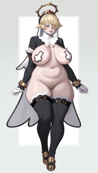 1girl absurdres black_thighhighs blonde_hair boots bottomless breasts breasts_apart closed_eyes closed_mouth colored_pubic_hair commentary english_commentary female_pubic_hair groin highres large_breasts legs_together mature_eyes mature_female navel old old_woman one_eye_covered original pasties pink_lips plump pubic_hair riz short_hair shrug_(clothing) thick_eyebrows thick_lips thick_thighs thigh_boots thighhighs thighs veins veiny_breasts wide_hips wrinkled_skin