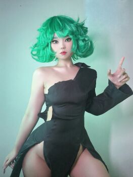 Rule 34 | 1girl, animated, black dress, bottomless, collarbone, dress, green eyes, makeup, neneko0814, no panties, one-punch man, pelvic curtain, real life, tatsumaki, torn clothes, torn dress