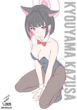 Rule 34 | 1girl, absurdres, alternate costume, animal ears, bare shoulders, between legs, black hair, black leotard, black pantyhose, black shoes, blue archive, blunt bangs, blunt ends, blush, bob cut, bow, bowtie, breasts, cat ears, cat girl, character name, cleavage, closed mouth, collarbone, colored inner hair, commentary, detached collar, embarrassed, extra ears, full body, furrowed brow, hair behind ear, hair intakes, halo, hand between legs, high heels, highres, kazusa (blue archive), leotard, looking at viewer, medium breasts, multicolored hair, pantyhose, pink hair, pink halo, playboy bunny, realen, red bow, red bowtie, red eyes, shoes, signature, simple background, solo, squatting, twitter username, two-tone hair, v arms, white background, white wrist cuffs, wrist cuffs