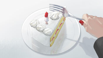 Rule 34 | 2girls, absurdres, ahoge, avogado6, barefoot, cake, cake slice, commentary request, dress, facing away, food, fork, highres, holding, holding fork, kasane teto, multiple girls, on food, original, out of frame, plate, red hair, red nails, standing, strawberry cake, white dress, wide shot