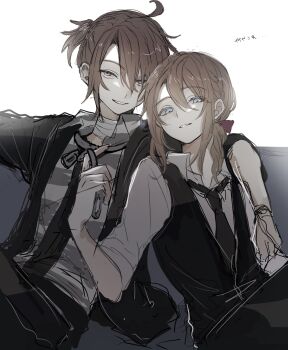 !_(rsa_yuhr) 2boys ahoge alternate_costume androgynous arm_around_shoulder bandaged_neck bandages bishounen black_jacket black_necktie black_vest blue_eyes brown_hair chain collar couch cowboy_shot edgar_valden grin highres holding holding_chain identity_v jacket looking_at_viewer luca_balsa male_focus metal_collar multiple_boys necktie on_couch outstretched_arms parted_lips ponytail raised_eyebrows shirt short_ponytail sidelocks sitting smile spread_arms striped_clothes striped_shirt translation_request vest white_shirt yaoi yellow_eyes