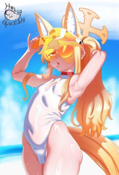 1girl animal_ears armpits arms_up artist_name blonde_hair blue_archive blue_sky breasts cameltoe covered_navel cowboy_shot day halo helloguish looking_at_viewer ocean one-piece_swimsuit open_mouth outdoors ponytail seia_(blue_archive) seia_(swimsuit)_(blue_archive) sidelocks sky small_breasts solo standing steaming_body sunglasses swimsuit white_one-piece_swimsuit