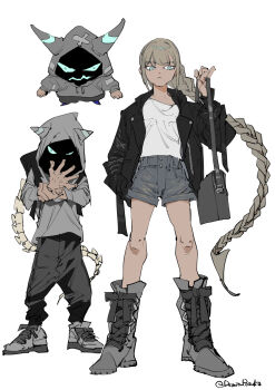 1boy 1girl bag black_jacket braid commentary demizu_posuka highres hood hood_down hood_up jacket long_hair open_clothes open_jacket original shorts shoulder_bag single_braid