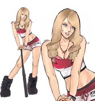 1girl baseball_bat black_boots bleeehrghw blonde_hair blue_eyes boots bra commentary contrapposto crop_top drill_hair english_commentary facial_mark highres midriff naruko_(naruto) naruto_(series) navel pink_bra short_shorts shorts signature smile twin_drills underwear whisker_markings