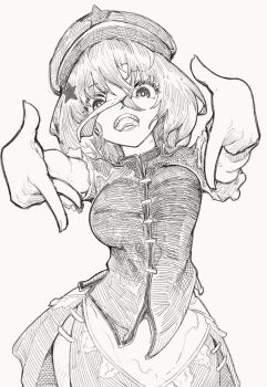 1girl breasts greyscale hair_ornament hat hat_ornament highres jiangshi looking_at_viewer medium_breasts miyako_yoshika monochrome ofuda ofuda_on_head open_mouth outstretched_arms sashimi_oniku sharp_teeth short_sleeves simple_background solo star_(symbol) star_hair_ornament star_hat_ornament teeth touhou zombie_pose