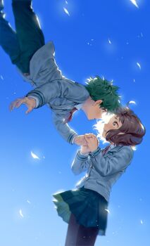 Rule 34 | 1boy, 1girl, belt, black pantyhose, blue background, blush, boku no hero academia, brown belt, brown eyes, brown hair, collared shirt, cowboy shot, freckles, green hair, green pants, green skirt, grey jacket, hashtag-only commentary, hetero, highres, holding hands, jacket, looking at another, medium hair, midoriya izuku, multiple scars, necktie, pants, pantyhose, parted lips, pleated skirt, red necktie, scar, scar on hand, school uniform, shirt, short hair, skirt, suit jacket, u.a. school uniform, undodo 0, uraraka ochako, white shirt