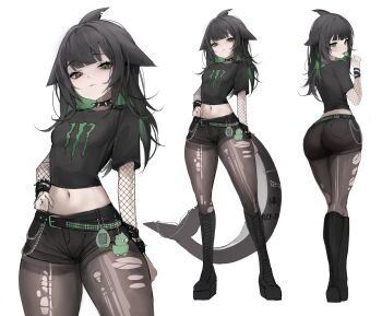 1girl 1waly :3 :| absurdres ass belt black_boots black_hair black_shirt black_shorts blunt_bangs boots candy closed_mouth collar colored_inner_hair commentary commission fins fish_tail fishnet_sleeves fishnets food from_behind full_body green_belt green_eyes green_hair hand_on_own_hip head_fins highres holding holding_candy holding_food holding_lollipop lace-up_boots lollipop long_hair monster_energy multicolored_hair multiple_views navel original pale_skin pantyhose shark_girl shark_tail shirt shorts slit_pupils spiked_collar spikes standing tail tamagotchi torn_clothes torn_pantyhose upper_body