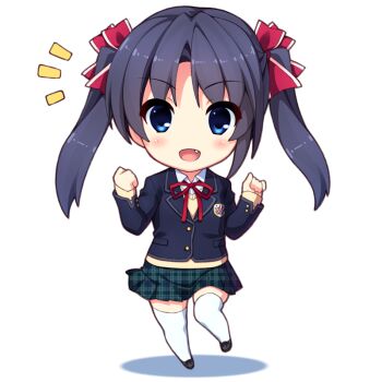 1girl black_hair black_jacket blazer blue_eyes chibi clenched_hand commentary_request fang full_body hair_ribbon hinata_nao jacket love_sweets miniskirt neck_ribbon open_mouth otonashi_kushina plaid_clothes plaid_skirt ribbon school_uniform skirt smile solo thighhighs twintails unmoving_pattern white_thighhighs