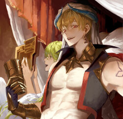 Rule 34 | 1boy, 1other, abs, arabian clothes, bare pectorals, blonde hair, claw ring, collar, cropped vest, cup, earrings, enkidu (fate), fate/grand order, fate (series), gilgamesh, gilgamesh (caster) (fate), gilgamesh (fate), green hair, hair between eyes, highres, holding, holding cup, jewelry, long hair, looking at viewer, male focus, metal collar, no nipples, open mouth, pectorals, reading, red eyes, short hair, shoulder tattoo, tattoo, teeth, turban, upper body, upper teeth only, vambraces, vest, zuraa (naunau seijin)