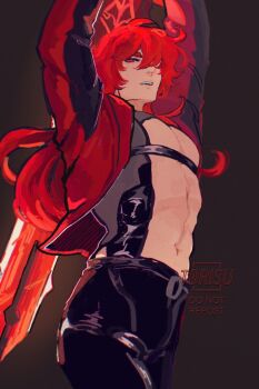 1boy arms_up chest_strap diluc_(genshin_impact) from_below genshin_impact holding holding_sword holding_weapon huge_weapon long_hair long_sleeves looking_at_viewer looking_down navel open_clothes open_mouth open_shirt red_eyes red_hair solo stomach strap sword tor1su weapon