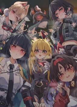 5girls alice_thymefield animal_ear_fluff animal_ears arched_bangs barcode belt belt_buckle blac_gloves black_belt black_hair black_necktie blonde_hair blue_eyes blue_jacket blunt_bangs blunt_ends blush braid breath buckle cat_ears cat_girl collared_shirt cropped_jacket drooling eous_(zenless_zone_zero) fingerless_gloves fox_ears fox_girl gloves green_eyes grey_shirt hair_ornament heart heart_in_eye heavy_breathing heterochromia highres hime_cut hoshimi_miyabi in_heat jacket jane_doe_(zenless_zone_zero) ju_fufu long_hair long_sidelocks looking_at_viewer looking_down midriff motion_blur mouse_ears mouse_girl mouth_drool multiple_girls necktie nekomiya_mana parted_bangs parted_lips partially_shaded_face pe_eee00 rabbit_ears red_eyes shirt short_hair sidelocks smile sphere_hair_ornament symbol_in_eye tiger_ears tiger_girl trait_connection very_long_hair wavy_mouth white_shirt yellow_eyes yellow_jacket zenless_zone_zero