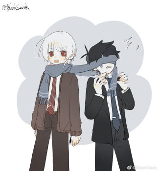 2boys akinashi_haru annoyed black_hair black_jacket black_pants black_suit blackseek blue_necktie brown_cardigan brown_pants cardigan chinese_commentary commentary_request cowboy_shot formal_clothes grey_scarf highres jacket lapels male_focus multiple_boys necktie pants red_eyes red_necktie saihate_eki scarf scarf_over_eyes shared_clothes shared_scarf short_hair suit tatsunami_shion white_hair
