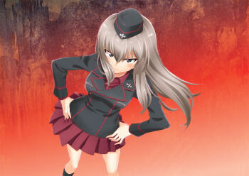 Rule 34 | 1girl, black hat, black jacket, floating hair, garrison cap, girls und panzer, girls und panzer phase erika, gradient background, grey eyes, grey hair, hands on own hips, hat, itsumi erika, jacket, kuromorimine military uniform, long hair, long sleeves, miniskirt, official art, pleated skirt, red background, red skirt, saitaniya ryouichi, skirt