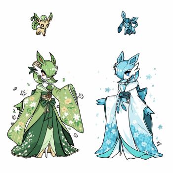 animal_ears blue_eyes blue_hair brown_eyes chibi clothed_pokemon floral_print flower fusion gardevoir gen_3_pokemon gen_4_pokemon glaceon green_hair hair_flower hair_ornament hair_over_one_eye highres japanese_clothes leafeon mamobot nintendo pokemon pokemon_(creature) signature simple_background smile snowflakes white_background wide_sleeves