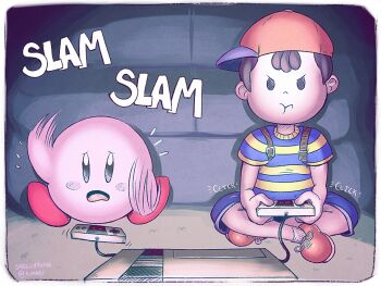 2boys backpack bag baseball_cap black_eyes blue_eyes blush crossover game_console game_controlles happy hat kirby kirby_(series) mother_(series) mother_2 multiple_boys nes ness_(mother_2) nintendo nintendo_entertainment_system open_mouth playing shirt shoes short_hair shorts sitting skellytune socks striped_clothes striped_shirt super_smash_bros.