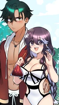 1boy 1girl :d blue_hair breasts cleavage closed_mouth colored_inner_hair commentary cowboy_shot double-parted_bangs drinking_straw english_commentary freckles green_eyes green_hair hair_between_eyes hair_ornament hand_on_another&#039;s_hip hand_up highres hood hood_down hooded_jacket jacket jewelry large_breasts long_hair looking_at_viewer mole mole_on_stomach multicolored_hair necklace one-piece_swimsuit open_clothes open_jacket open_mouth original outdoors parted_bangs purple_hair red_jacket ring ryuuxin sadie_(ryuuxin) short_hair sky smile streaked_hair swimsuit two-tone_hair white_one-piece_swimsuit