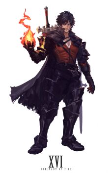 1boy beard black_hair boots clive_rosfield commentary connected_beard copyright_name english_text facial_hair final_fantasy final_fantasy_xvi fire full_body highres jahstun male_focus pyrokinesis red_vest simple_background solo sword sword_on_back vest weapon weapon_on_back white_background