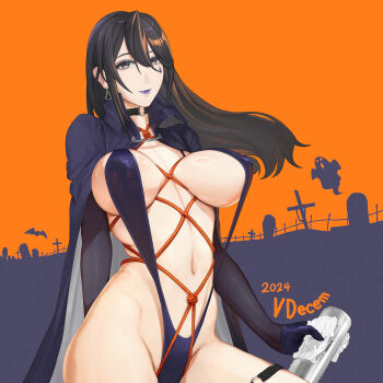 1girl bat_(animal) bdsm beer_can black_cape black_eyes black_hair bondage bound breasts can cape choker collarbone covered_erect_nipples drink_can earrings fangs fence ghost gloves halloween highres iron_fence jewelry large_breasts mole mole_on_collarbone mole_on_crotch navel original purple_lips shibari shibari_under_clothes silhouette slingshot_swimsuit solo swimsuit teardrop_facial_mark tombstone triangle_earrings v.x.