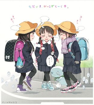 1boy 3girls :d artist_self-insert backpack bag black_hair black_jacket black_pantyhose black_skirt blue_shoes blush_stickers breath closed_eyes collared_shirt commentary_request crime_prevention_buzzer fringe_trim gloves gomennasai grey_gloves hands_in_pockets hat jacket long_hair long_sleeves multiple_girls open_mouth original pantyhose pink_shoes pleated_skirt purple_scarf purple_shoes randoseru scarf school_hat shirt shoes skirt sleeves_past_wrists smile translation_request twintails white_shirt yellow_hat