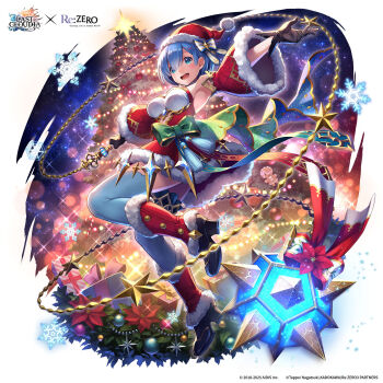 1girl ball_and_chain_(weapon) black_gloves blue_eyes blue_gem blue_hair bow box breasts christmas christmas_ornaments christmas_present christmas_star christmas_tree christmas_wreath commentary crossover detached_sleeves dress english_commentary full_body fur-trimmed_dress fur-trimmed_headwear fur-trimmed_sleeves fur_trim gem gift gift_box gloves green_bow hair_ornament hair_over_one_eye hair_ribbon hat highres last_cloudia looking_at_viewer medium_breasts official_alternate_costume official_art open_mouth pink_ribbon re:zero_kara_hajimeru_isekai_seikatsu rem_(re:zero) ribbon santa_costume santa_dress santa_hat second-party_source short_hair snowflakes solo spiked_ball_and_chain star_(sky) starry_sky_background thighhighs weapon white_thighhighs wreath x_hair_ornament