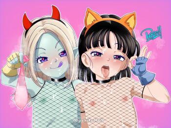 2girls animal_ears aqua_skin armpits black_eyes black_hair blonde_hair blush cat_ears colored_skin condom cum cum_on_body demon_horns dragon_ball dragon_ball_daima dragon_ball_gt facial fake_animal_ears fake_horns fishnet_top fishnets flat_chest highres horns loli long_hair looking_at_viewer medium_hair multiple_girls nipples pan_(dragon_ball) pansy_(dragon_ball_daima) pekitoh69 pointy_ears purple_eyes smile toei_company tongue tongue_out used_condom