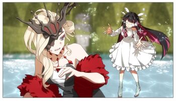 2girls bare_shoulders barefoot black_hair blonde_hair closed_eyes columbina_(genshin_impact) commentary_request dress eye_mask fur_trim genshin_impact head_wings hoyofair korean_commentary lace-trimmed_eyepatch long_hair mask mask_over_one_eye multicolored_hair multiple_girls one_eye_covered pink_hair signora_(genshin_impact) starten1000 sweat sweatdrop two-tone_hair very_long_hair water white_dress wings