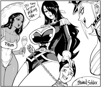 1boy 3girls absurdres anti-demon_corps_uniform azuma_fubuki bb_(baalbuddy) belt breasts chain chain_leash chest_sarashi cleavage cleavage_cutout clothes_writing clothing_cutout collar commentary constricted_pupils cowboy_shot dark-skinned_female dark_skin earrings english_commentary english_text epaulettes furrowed_brow gloves greyscale hair_over_one_eye hand_on_another's_head hat highleg highleg_one-piece_swimsuit highres holding holding_chain holding_instrument holding_leash holding_maracas instrument jacket jewelry kamiunten_mira large_breasts leash long_hair long_sleeves looking_at_another looking_down maracas mato_seihei_no_slave mature_female military_jacket military_uniform monochrome multiple_girls nervous_smile one-piece_swimsuit one_eye_covered open_mouth parted_lips prachi_sherawat sarashi smile sombrero speech_bubble standing studded_choker swimsuit triangle_earrings very_long_hair wakura_yuuki