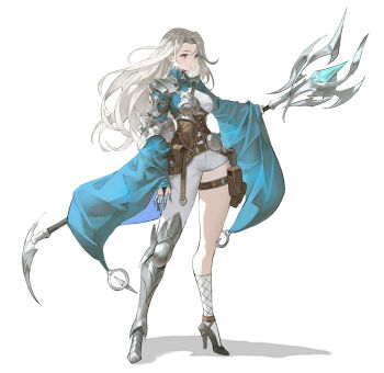 1girl absurdres armor arowana2111 asymmetrical_footwear belt boobplate boots breastplate breasts buckle grey_hair high_heels highres holding holding_weapon holster long_hair medium_breasts original pants pauldrons shoulder_armor simple_background single_couter single_rerebrace sleeves_past_wrists solo standing strap thigh_boots thigh_holster weapon white_background white_pants