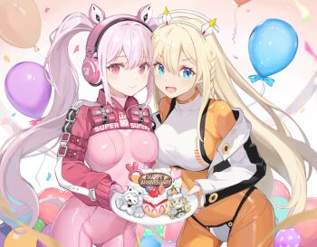 2girls alice_(nikke) animal_ear_headphones animal_ears bikini_over_clothes blonde_hair blue_eyes bodysuit braid breasts cake cake_slice commentary_request cropped_jacket fake_animal_ears food fruit gloves goddess_of_victory:_nikke grey_hair headgear headphones headset holding holding_plate impossible_bodysuit impossible_clothes iroha_ironoha jacket large_breasts latex latex_bodysuit long_hair long_sleeves looking_at_viewer ludmilla_(nikke) medium_breasts multicolored_gloves multicolored_jacket multiple_girls neve_(nikke) open_mouth orange_bodysuit panties_over_bodysuit pink_bodysuit pink_eyes pink_gloves plate red_jacket shrug_(clothing) sidelocks skin_tight smile strawberry strawberry_shortcake tove_(nikke) twintails two-tone_gloves white_gloves