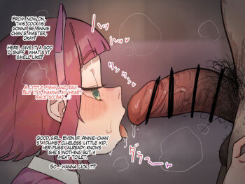 1boy 1girl animal_ears annie_(league_of_legends) bar_censor blush cat_ears censored close-up drooling english_text expressionless eyebrows_hidden_by_hair eyelashes fake_animal_ears freckles from_side gradient_background green_eyes grey_background half-closed_eyes hetero imminent_fellatio league_of_legends loli looking_at_penis mimizuki90 nose open_mouth penis penis_close_to_face pink_hair precum precum_string profile purple_shirt saliva shirt short_hair simple_background solo_focus tongue tongue_out