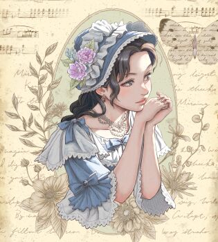 Rule 34 | 1girl, absurdres, black hair, blue bow, blue hat, bonnet, bow, bug, butterfly, closed mouth, collarbone, earrings, english text, flower, frills, hat, hat flower, highres, insect, jewelry, leaf, lips, lipstick, long hair, makeup, necklace, original, otto (otto52coffee), own hands together, parted bangs, pearl necklace, portrait, sheet music, sidelighting, solo, musical staff, upper body, victorian