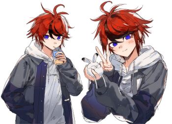 Rule 34 | 1boy, ahoge, animalization, aotsuki eito, black jacket, black streaks, blue eyes, character doll, chinese commentary, commentary request, cropped torso, doll, drawstring, drink carton, drinking straw, glasses, grey jacket, hand in pocket, highres, holding, holding juice box, hood, hoodie, jacket, jacket over hoodie, juice box, male focus, multicolored hair, multicolored jacket, multiple views, open clothes, open jacket, red hair, short hair, smile, streaked hair, sumino takumi, syuu 1125, the hundred line -last defense academy-, two-tone hair, two-tone jacket, v, white background, white hoodie