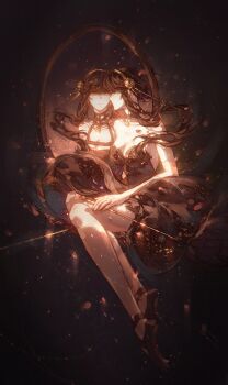 1girl black_choker black_dress black_hair black_shoes breasts chaoxibumian choker cleavage commentary dagger dress dual_wielding floating floating_hair flower full_body gold_hairband hair_between_eyes hair_bun hair_flower hair_ornament hair_stick hairband highres holding holding_weapon knife long_hair looking_at_mirror medium_breasts mirror pendant_choker red_eyes shoes sidelocks sitting solo spy_x_family stiletto_(weapon) strapless strapless_dress updo weapon yor_briar