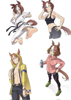 3girls animal_ears areola_slip arm_at_side arm_up belno_light_(umamusume) bhenart bottle bow breasts bright_pupils brown_eyes brown_hair brown_pubic_hair clenched_hand closed_mouth cowboy_shot cropped_legs dictus_striker_(umamusume) double-parted_bangs dougi ear_ornament ear_ribbon ears_through_hood fang female_pubic_hair flying_kick full_body grey_hair grin hair_between_eyes hair_ornament hand_on_own_hip hand_up highres holding holding_bottle hood hood_up hooded_jacket horse_ears horse_girl horse_tail jacket kicking legs_apart long_sleeves looking_at_viewer martial_arts_belt medium_breasts multicolored_hair multiple_girls multiple_views navel no_bra open_clothes open_jacket open_mouth outstretched_arm pants pubic_hair pubic_hair_peek simple_background smile standing stomach suspenders tail toned toned_female two-tone_hair umamusume white_hair white_pupils yaeno_muteki_(umamusume) yellow_eyes yoga_pants